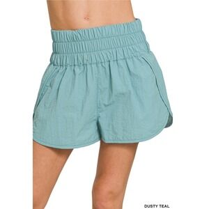 Zenana Dusty Teal Windbreaker Running Shorts – Smocked Waist & Mesh Pocket